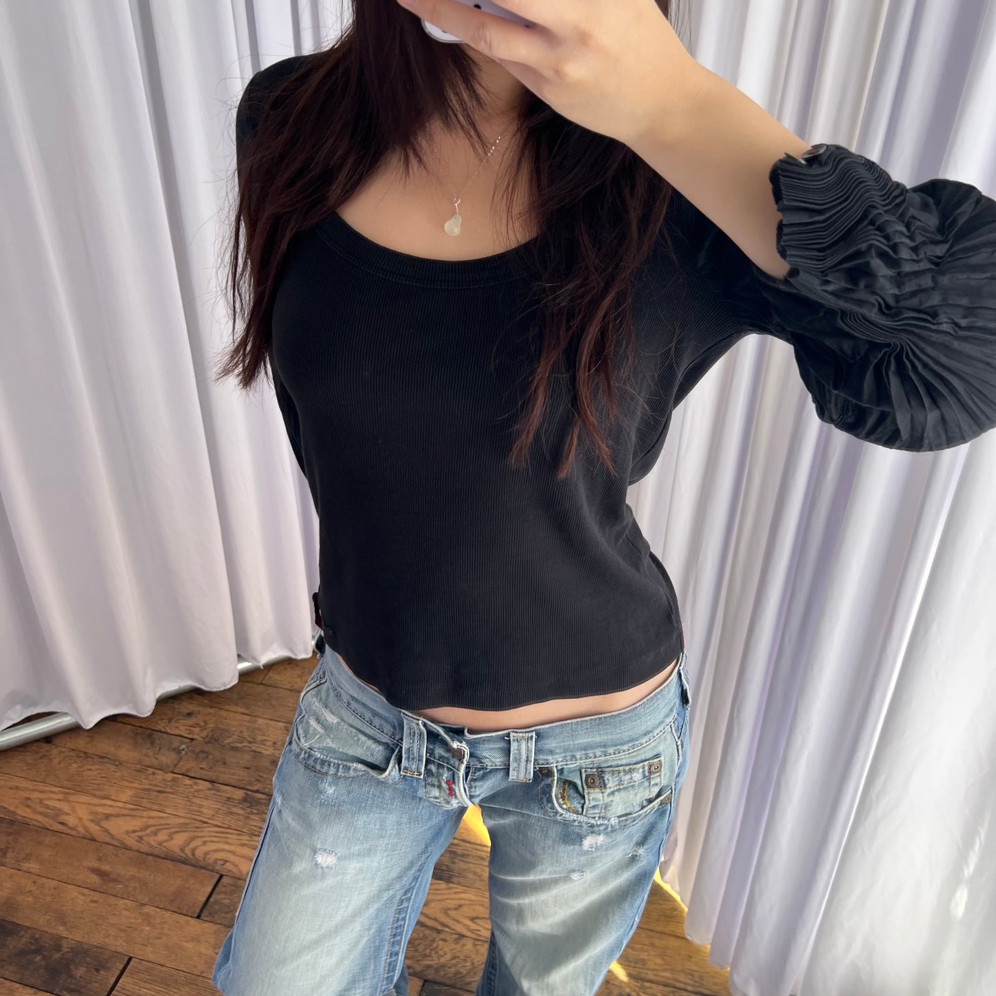 Cop Copine Balletcore 3/4 Button Collar Accent Pleated Puff Sleeve Black Top