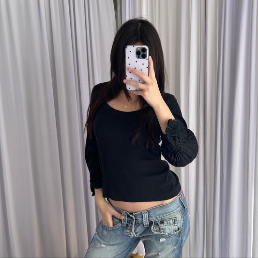Cop Copine Balletcore 3/4 Button Collar Accent Pleated Puff Sleeve Black Top