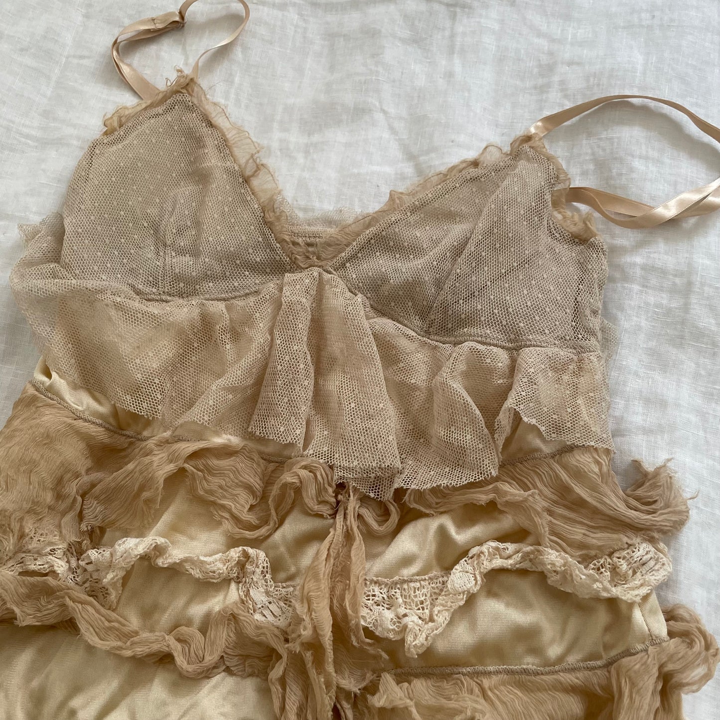 vintage boho fairy silk blend beige mesh tiered babydoll camisole