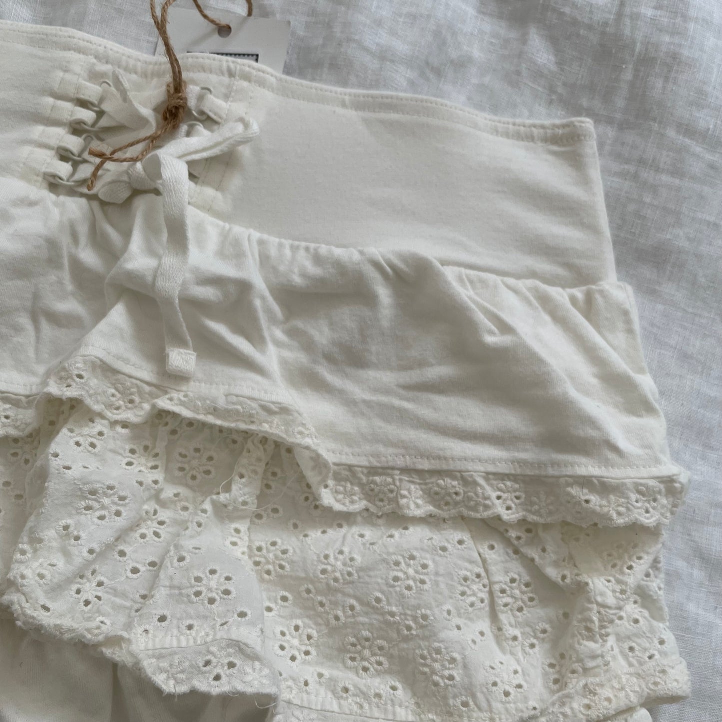 prairie boho walk & talk white broderie anglaise tiered ruffle corset lace up mini skirt