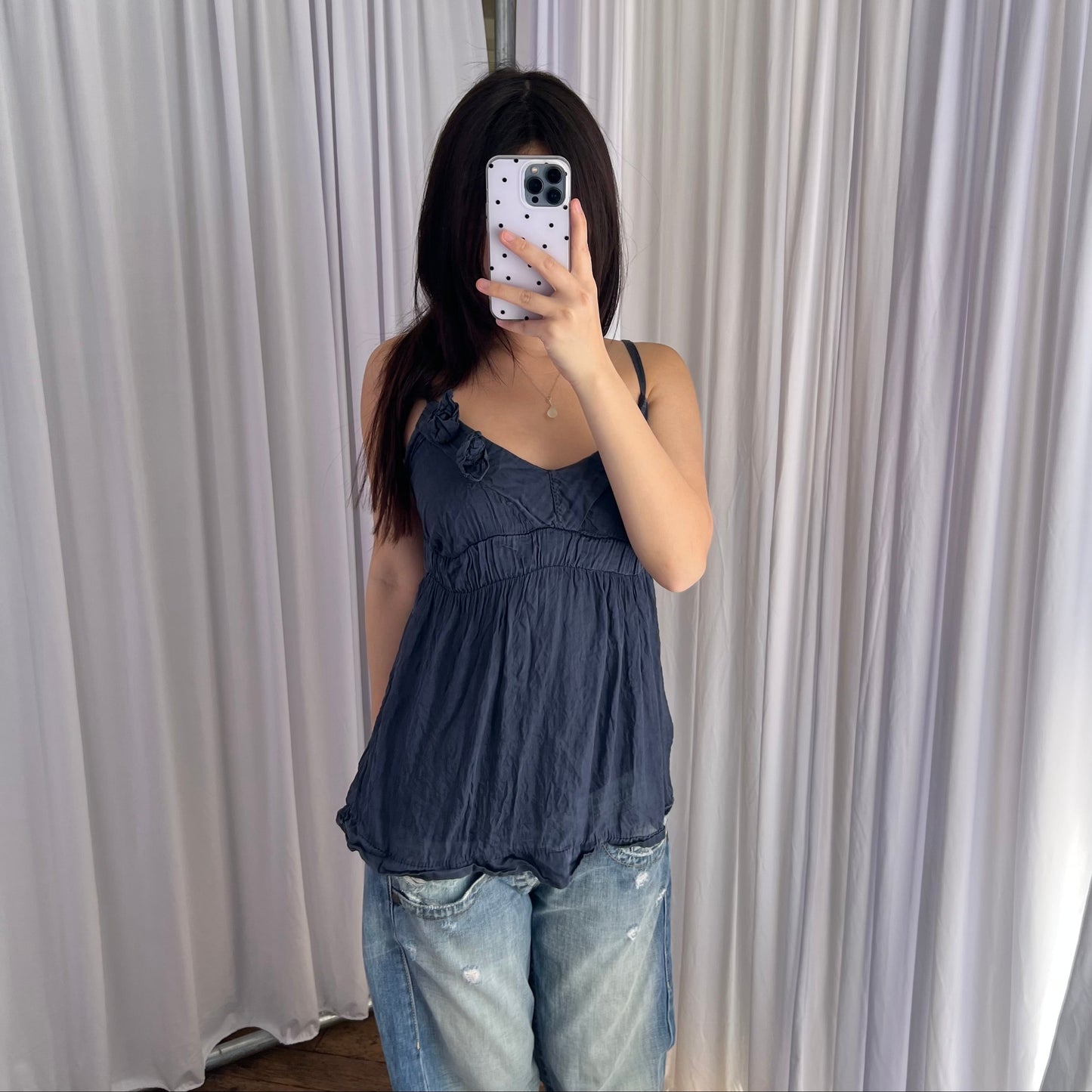 Vintage Navy Blue Silk Rosette Ruffle Babydoll Camisole
