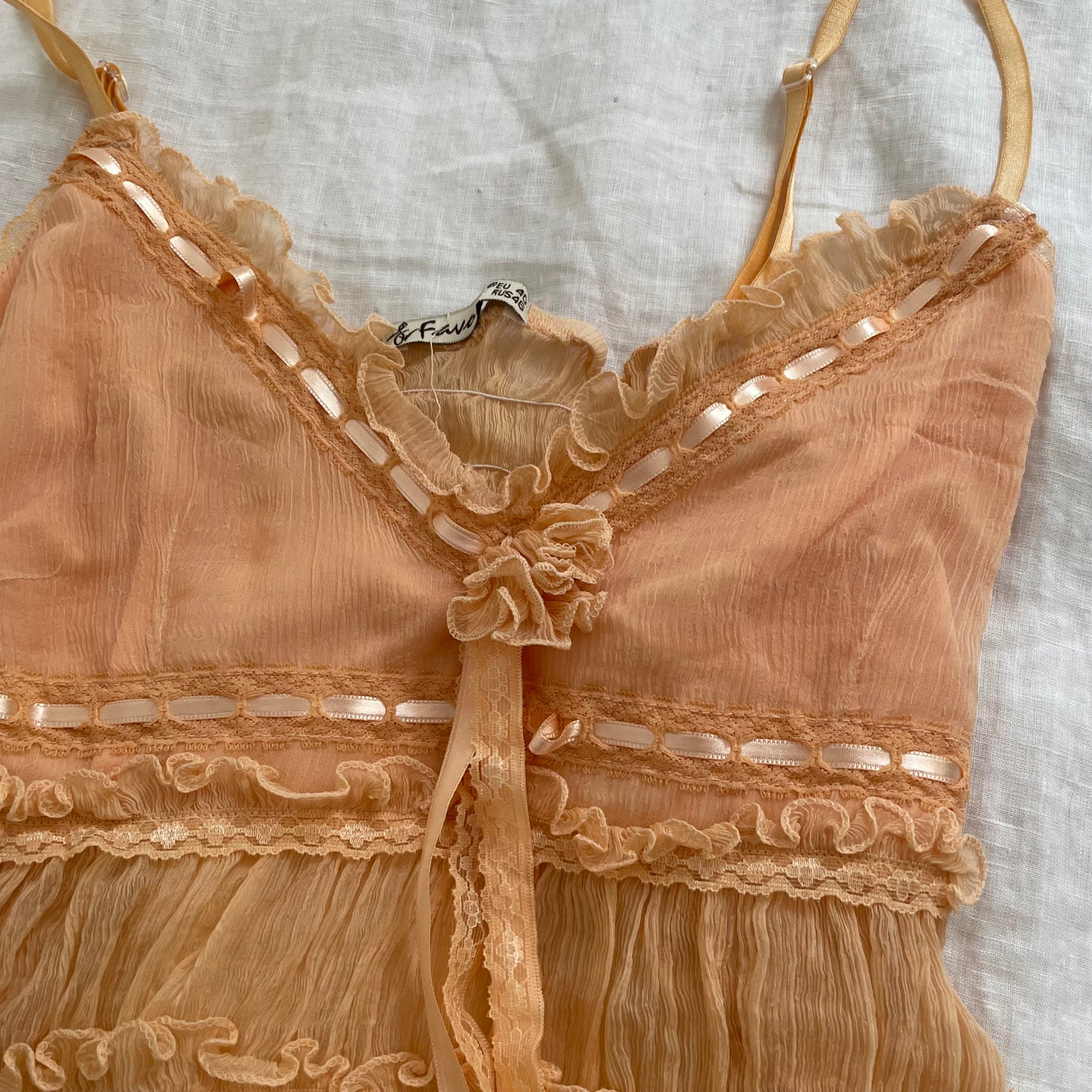 apricot orange fairycore favori ruched tulle babydoll lacey satin ribbon camisole
