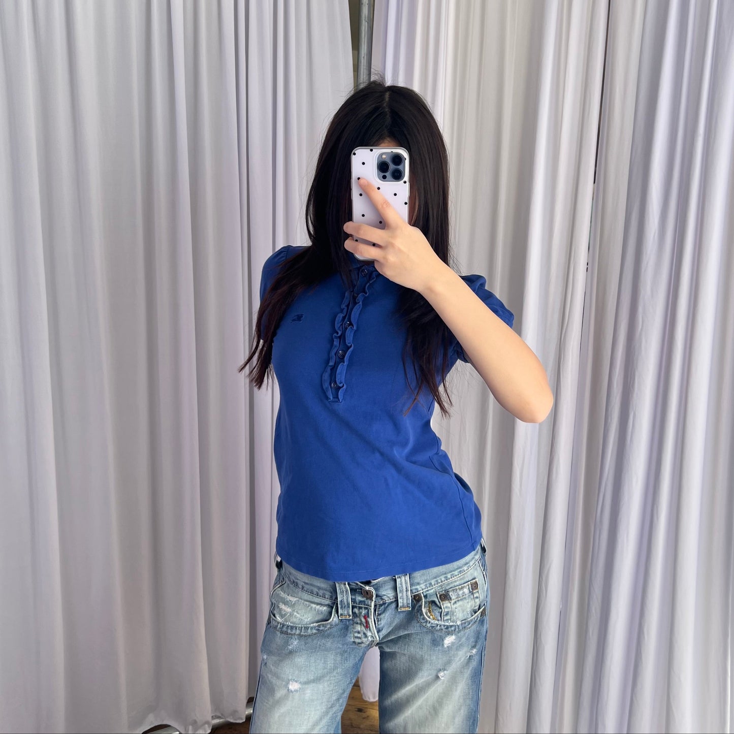 Burberry Blue Label Cobalt Blue Puff Sleeve Collared Polo Shirt
