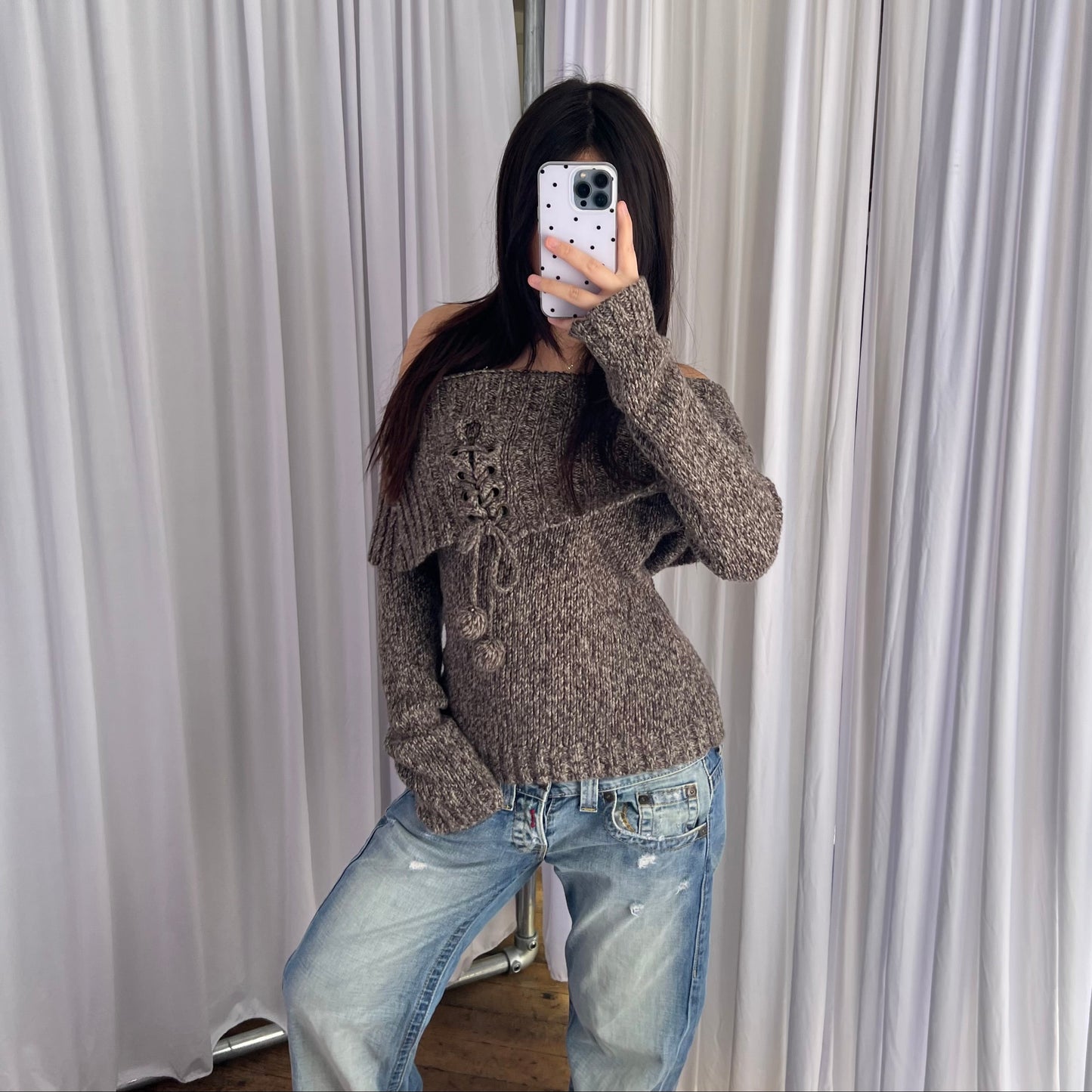 Pimkie Speckled Brown Wool Blend Pom Pom Off Shoulder Folded Knit Sweater