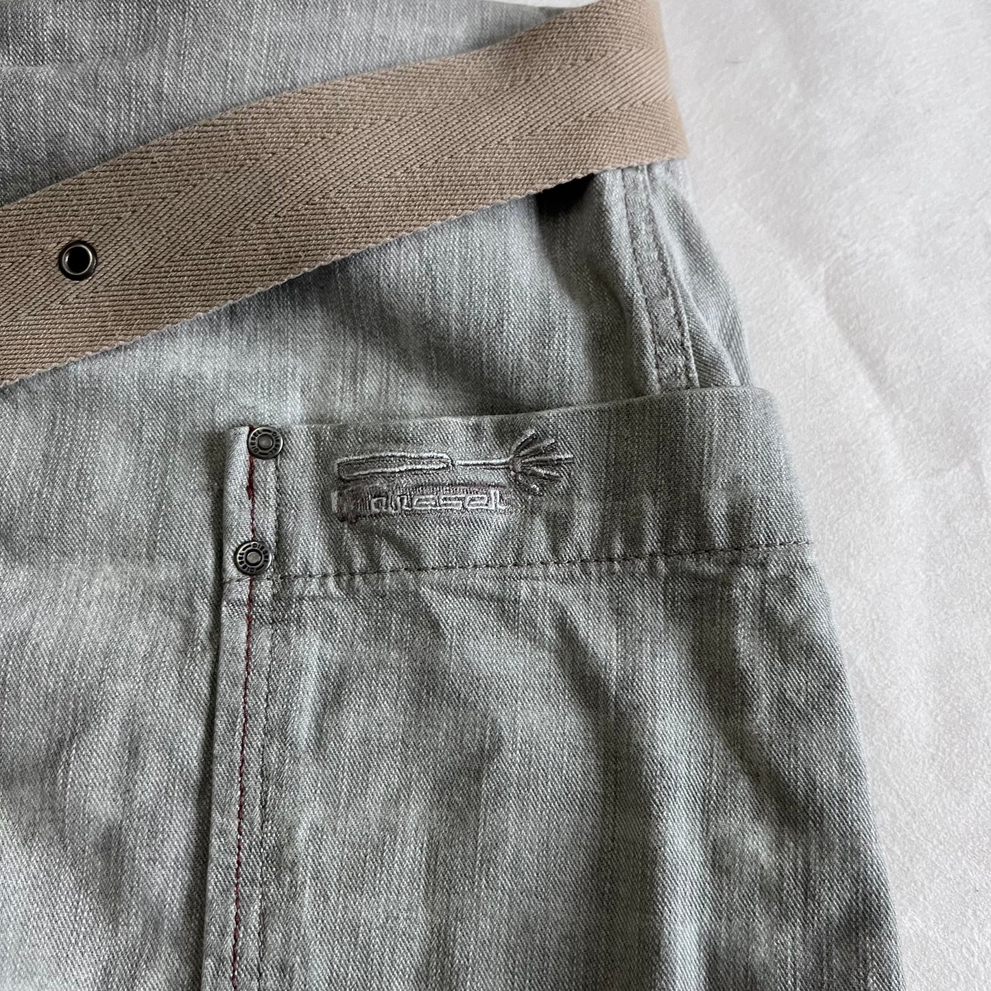 Diesel Grey Faded Denim Tan Beige Built In Grommet Belt Wrap Midi Skirt