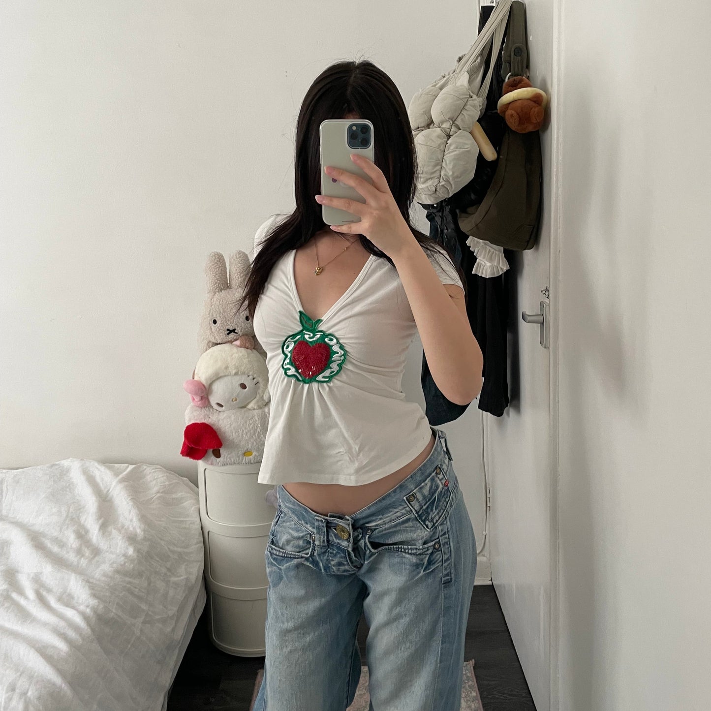 fornarina white ruched cap sleeve apple sequin top
