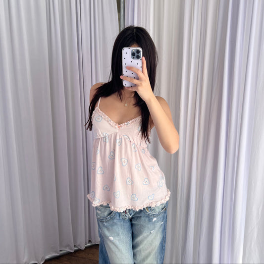 Coquette Gelato Pique Baby Pink Candy Heart Print Ruffle Babydoll Camisole