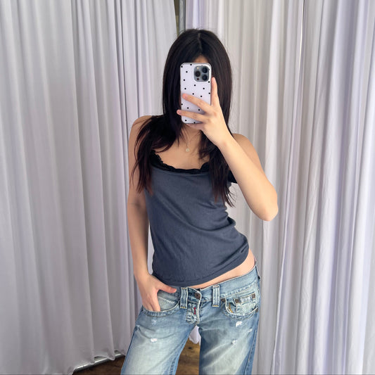 Barbara Bui Tricot Vintage Dusty Blue Ruched Black Trim Knit Camisole