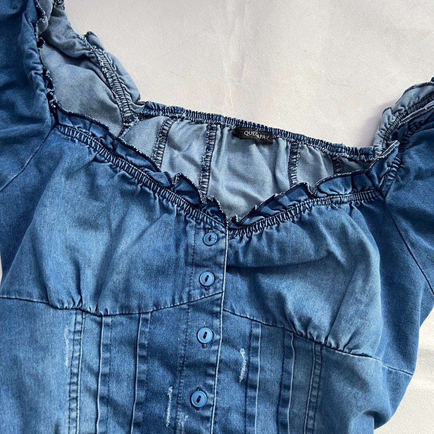 Quegapa Prairie Denim Bustier Puff Sleeve Button Lace Up Corset Blouse