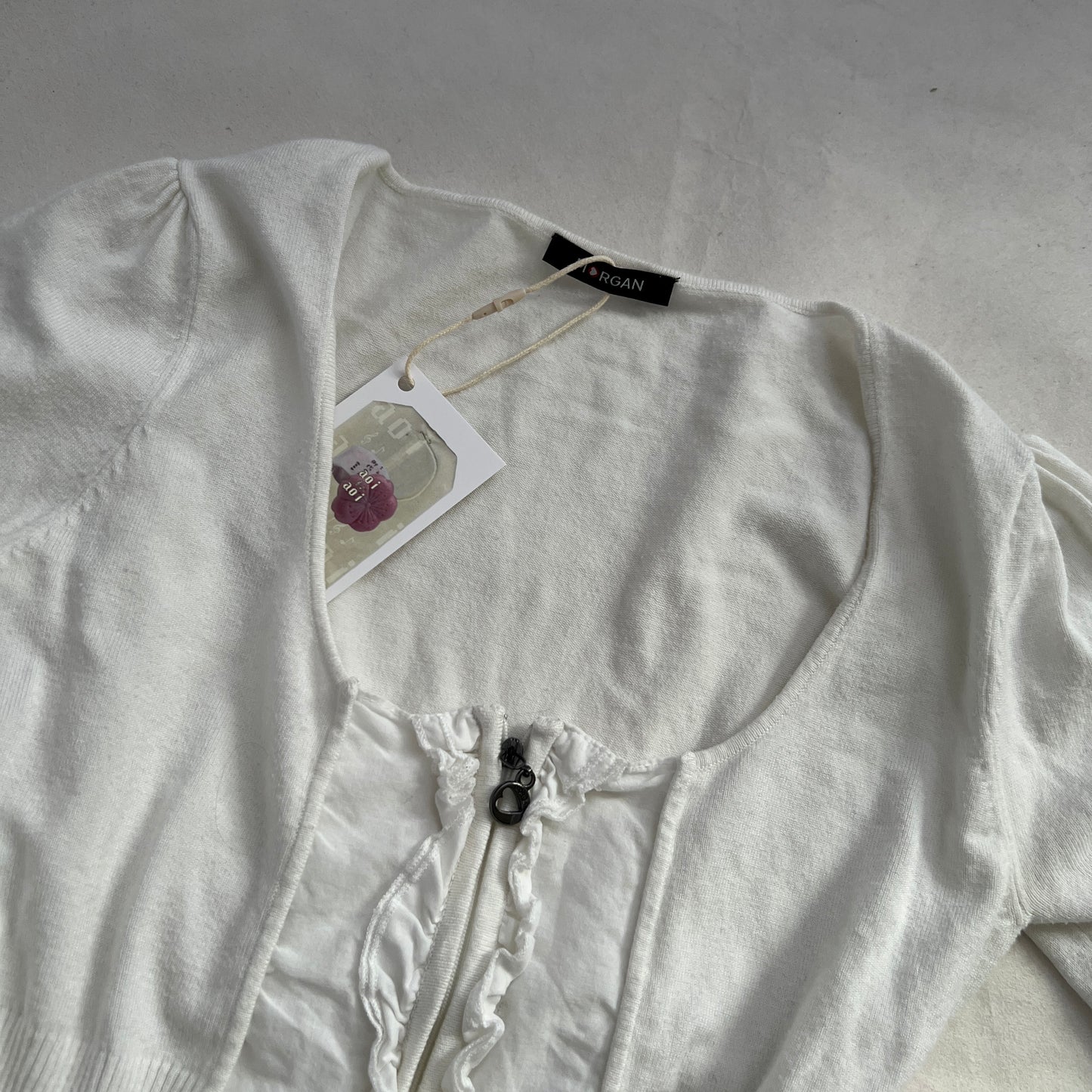 Morgan De Toi White Preppy Frilly Ruffle Hem Zip Fitted Long Sleeve Top
