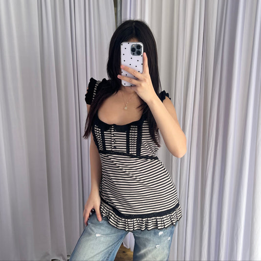 Caroll Preppy Black White Striped Ruffle Frill Hem Babydoll Sleeveless Tunic Top