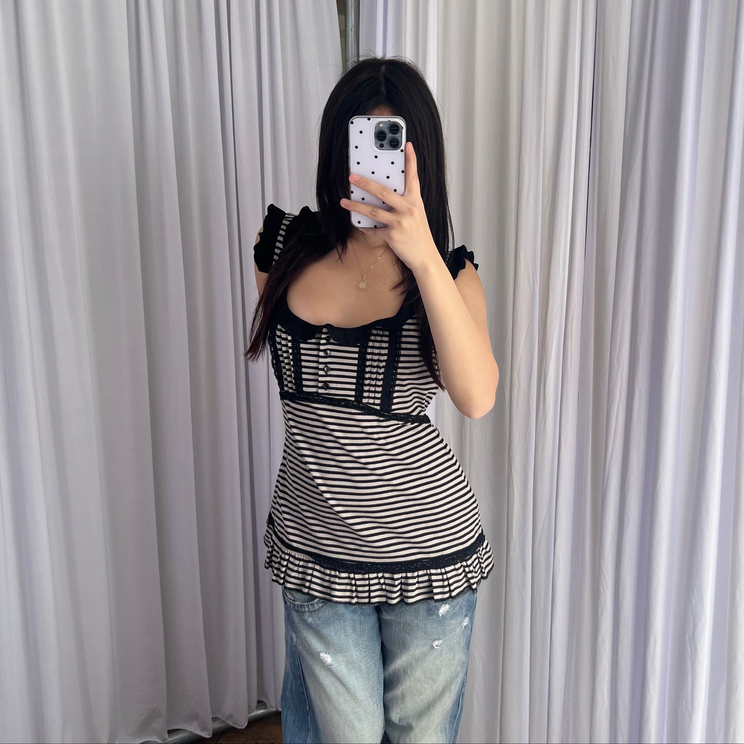 Caroll Preppy Black White Striped Ruffle Frill Hem Babydoll Sleeveless Tunic Top