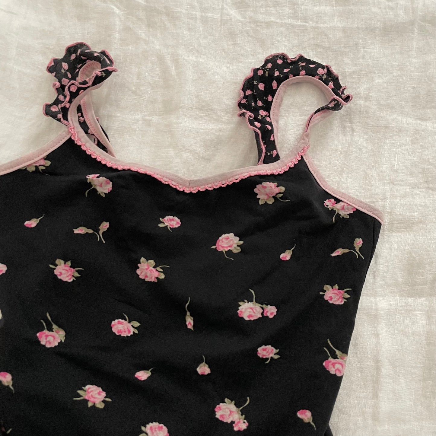 onyx black floral print pink picot trim camisole
