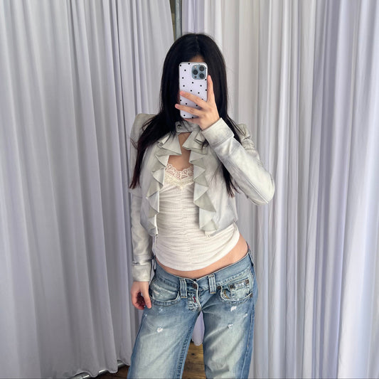 Vintage Flo & Co Light Blue Crop Ruffle Collar Leather Jacket