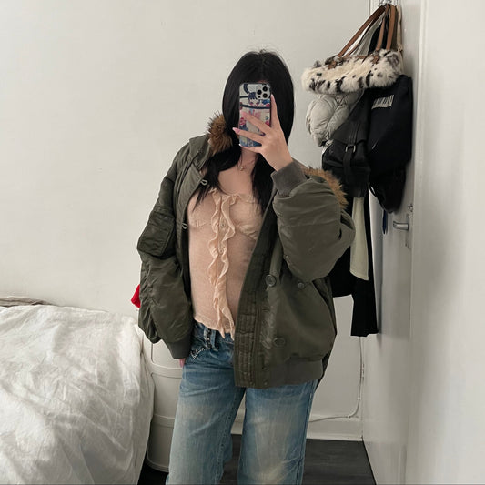 grace class/continential khaki puffer blouson jacket with pleated back detail