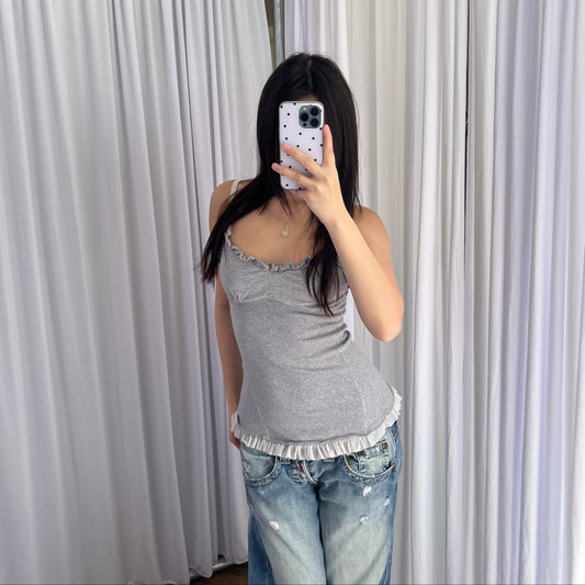 Grey Balletcore High Ruffle Frill Hem Flared Camisole Top