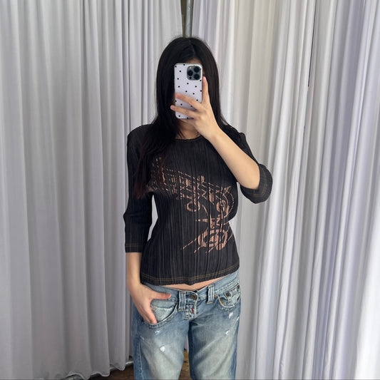 Pleats Please Issey Miyake Denim Grey Blue Pleated Music Print Half Sleeve Top