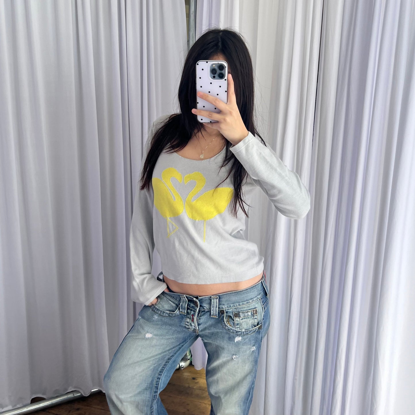 Sonia Rykiel Baby Blue Yellow Twin Swan Long Sleeve Fine Knit Top