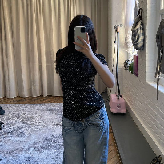 vintage mng black preppy high neck ruffle short sleeve polka dot blouse top