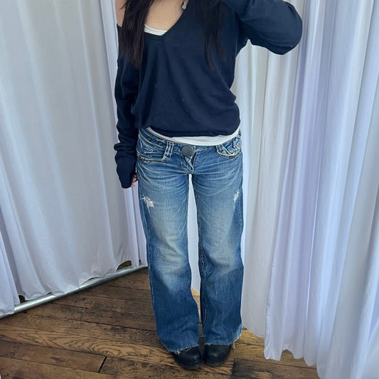 90s Red Pepper Light Wash Distressed Raw Hem Low Rise Wide Leg Studded Denim Jeans