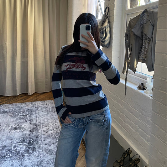 preppy navy grey utility button burberry blue label striped long sleeve