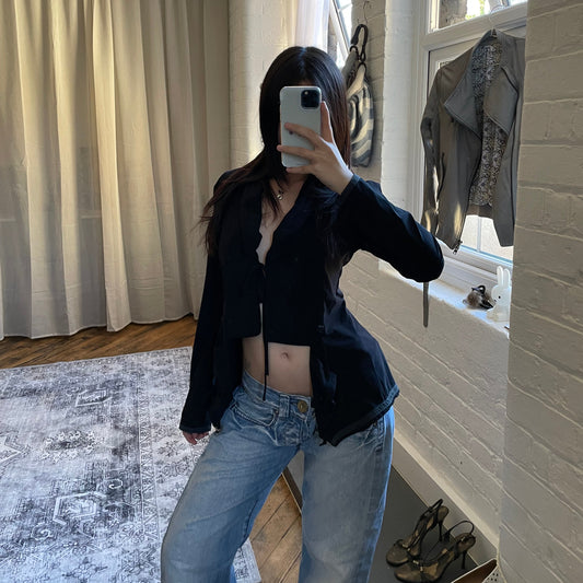 cassiopee black archival draped cut out long sleeve light weight jacket top