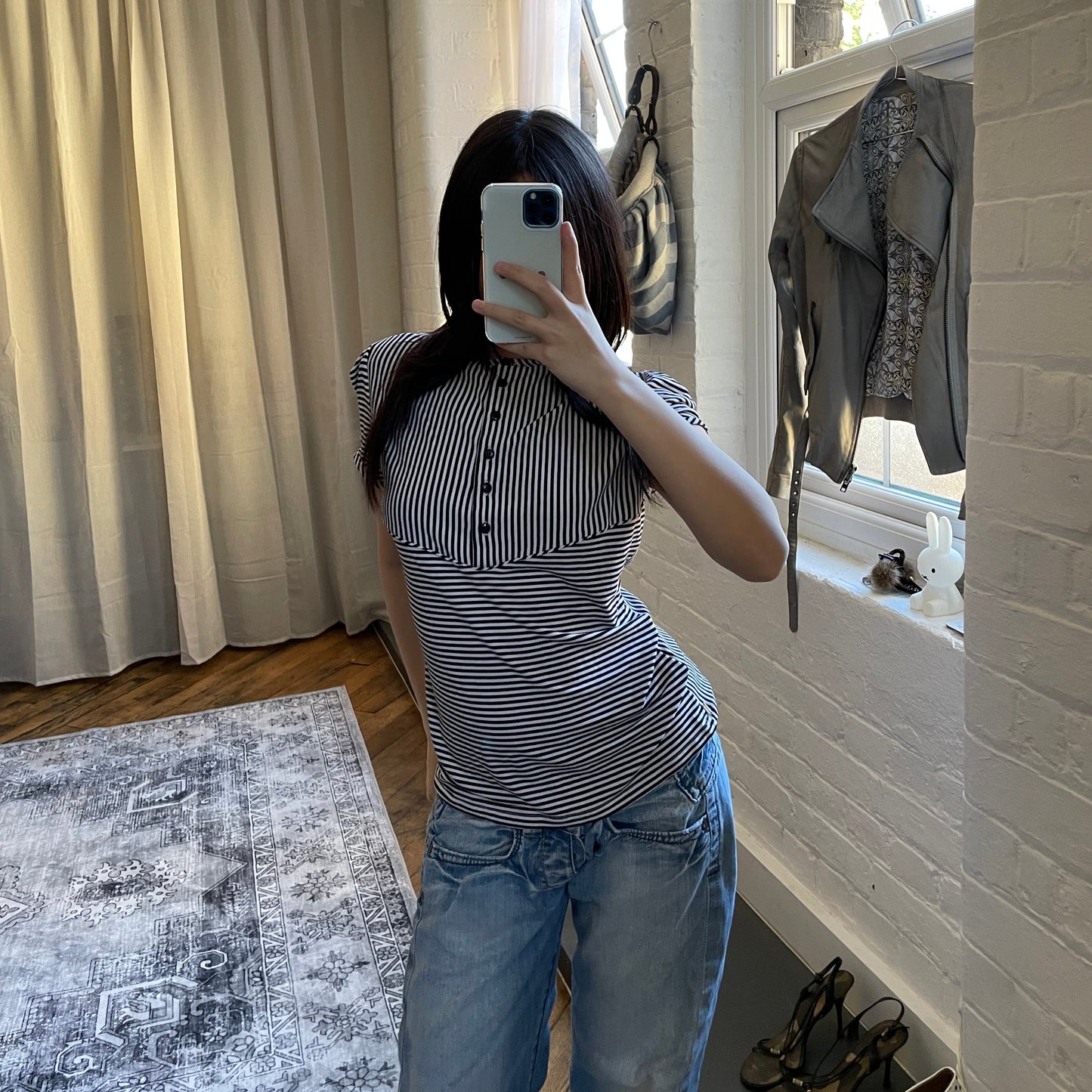 sportmax black white black reversible 1/4 button diagonal striped t shirt