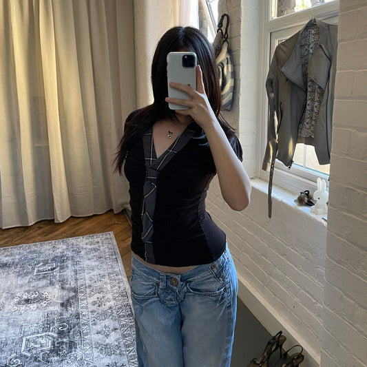 morgan de toi preppy grunge sleaze black puff sleeve grey red check tie fitted top