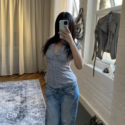 jennyfer grey corpcore high neck puff sleeve cinched waist fitted blouse