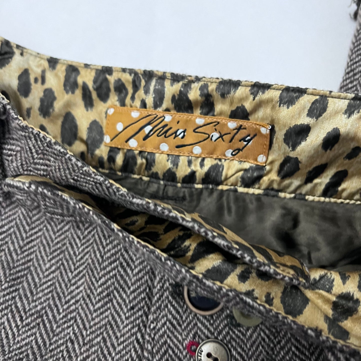 rare miss sixty beige brown mixed button herringbone low rise wide leg trousers