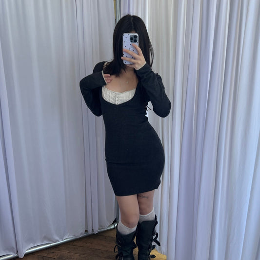 Avant Premiere Dark Grey Ivory Milkmaid Two in One Layered Bust Knit Sweater Dress