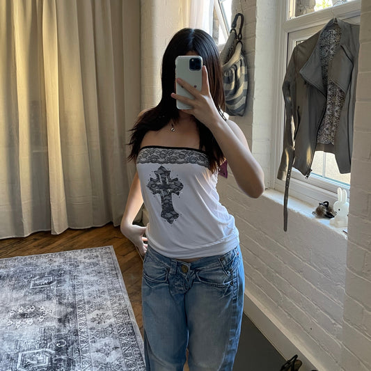 denny rose grunge sleaze white lacey cross print puffy bandeau top
