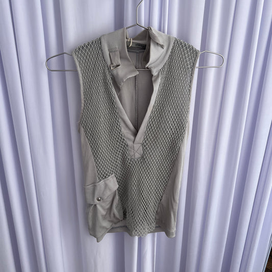 Annarita N Fishnet Layered Utility High Neck Tie V Neck Vest Top