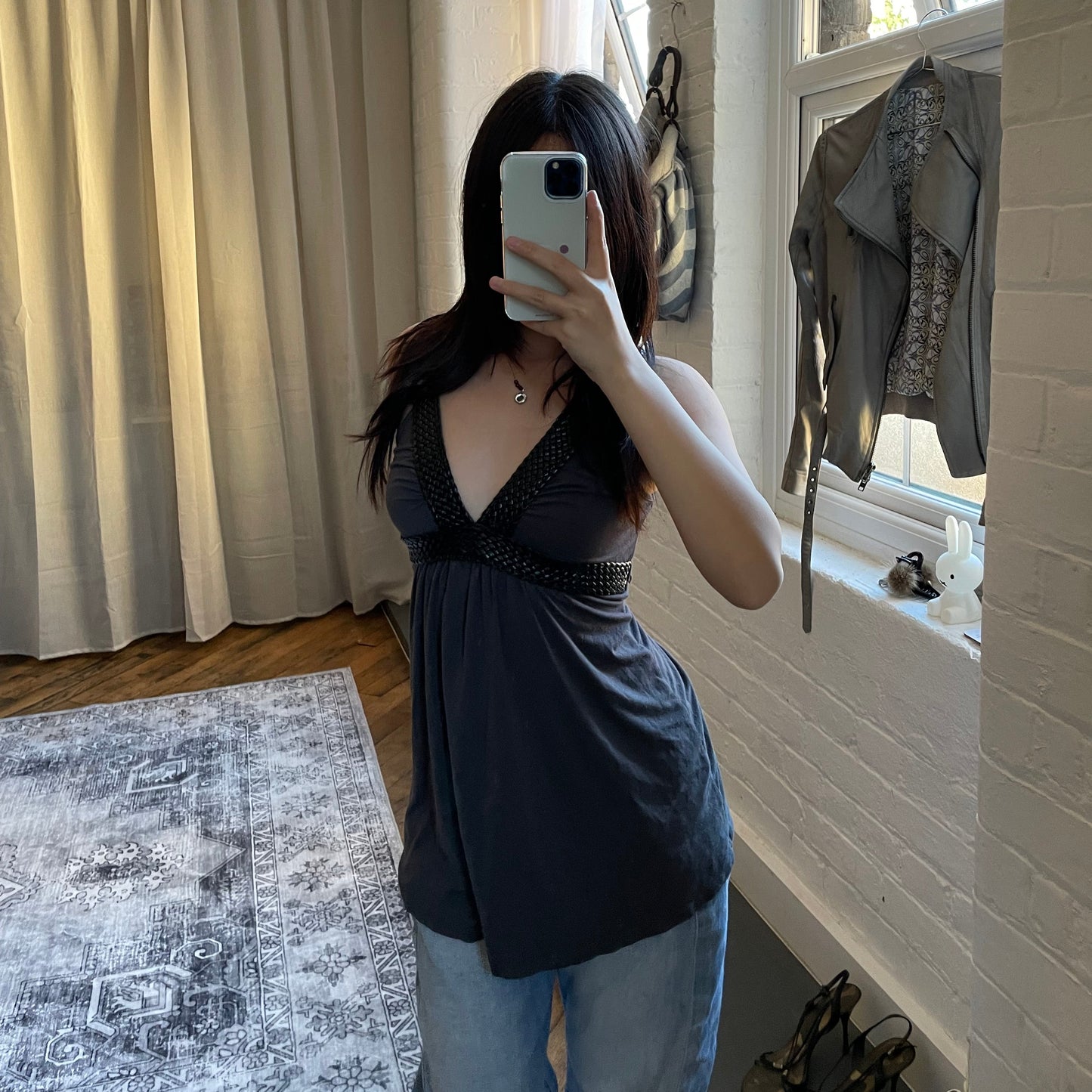 camieu eurosummer grey black boho braided vest top with adjustable waist ribbon