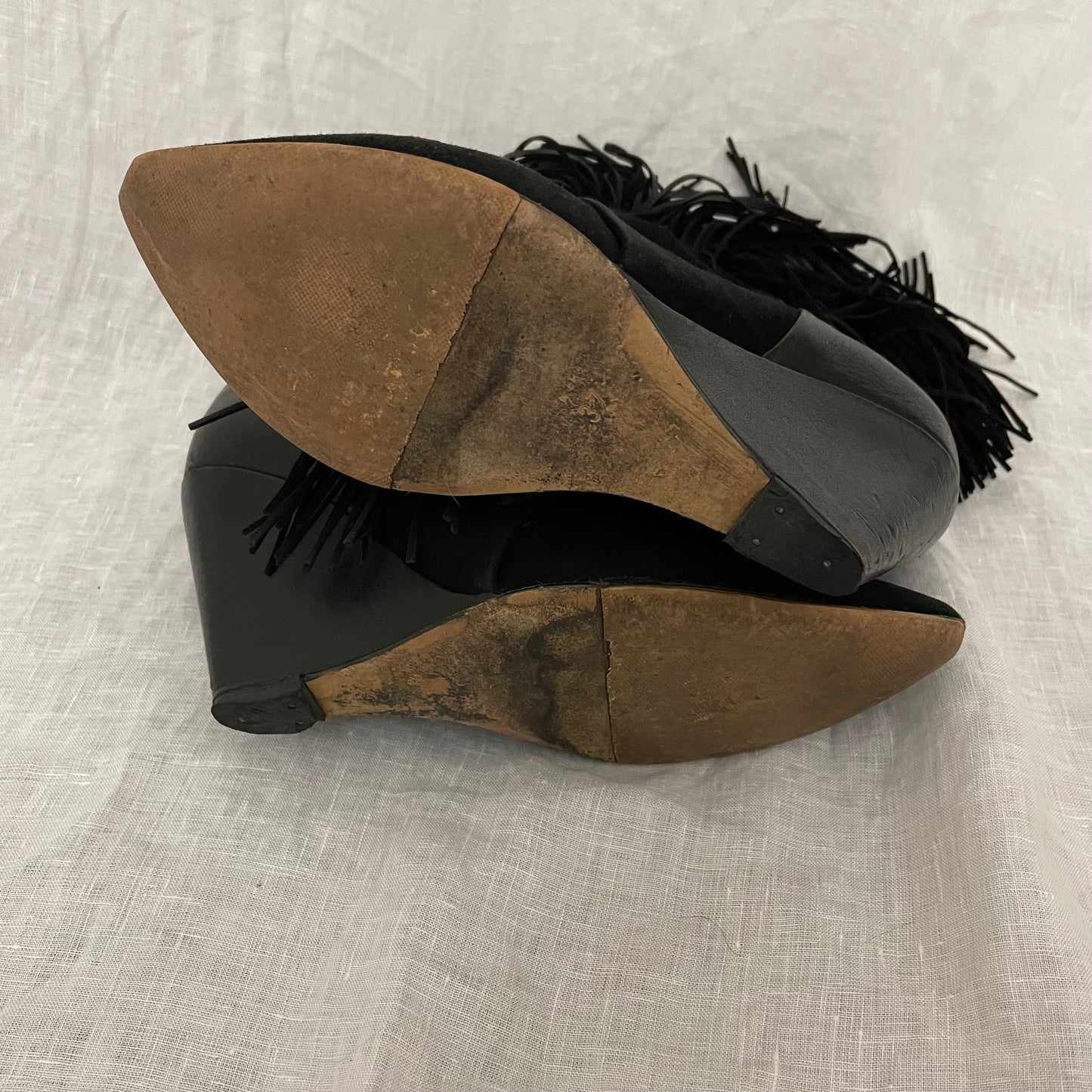 isabel marant western boho 'jacob' black fringed goat suede almond point wedge platform boots