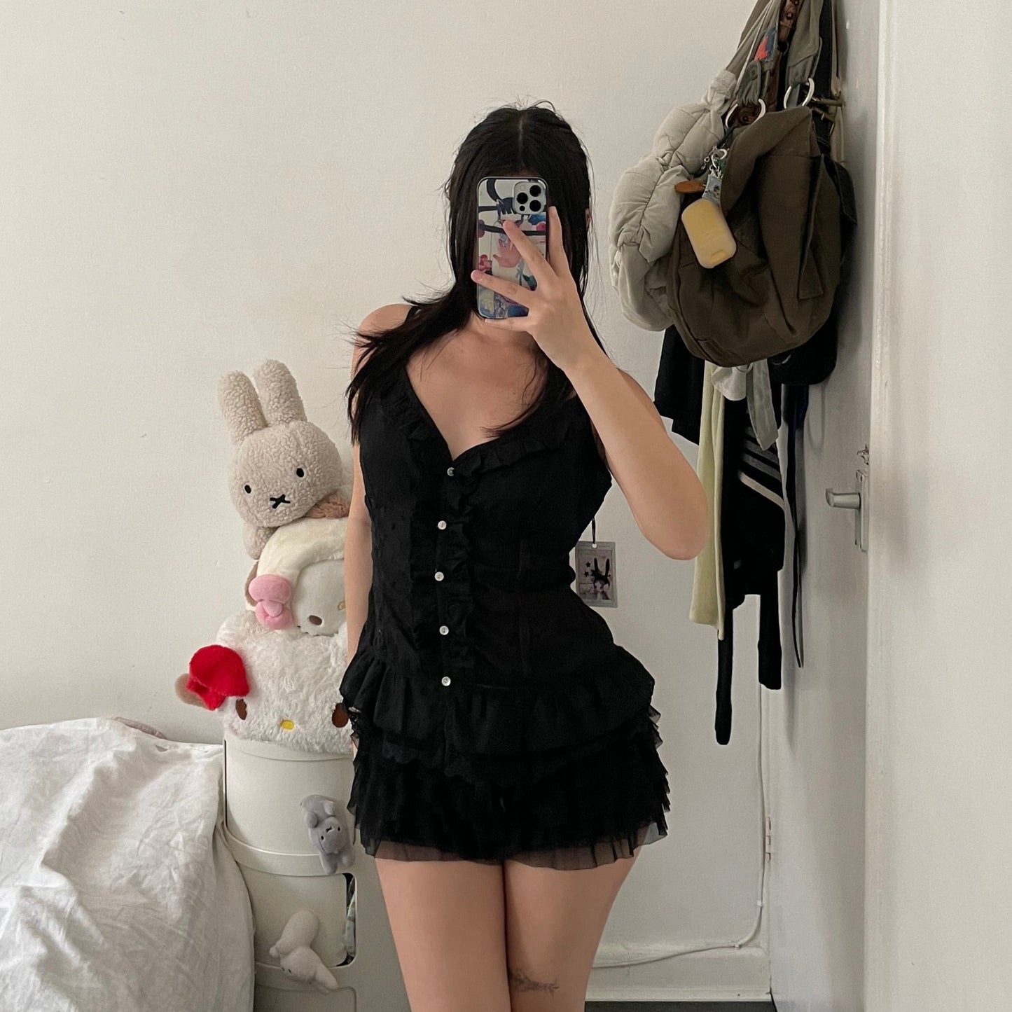 morgan de toi balletcore black ruffle lace button camisole