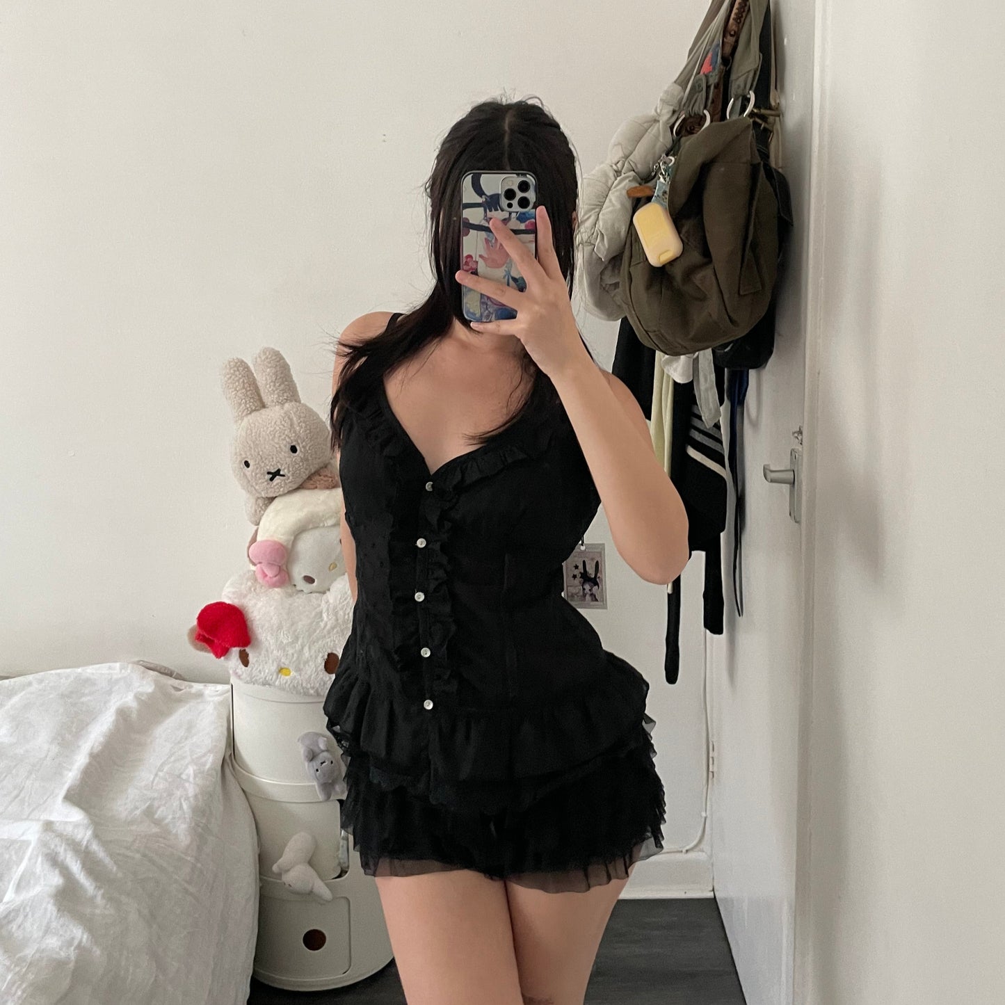 morgan de toi balletcore black ruffle lace button camisole