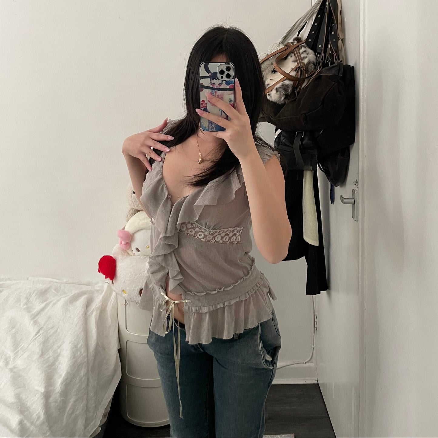 kookai greige ruffle vest blouse with embroidery lace and adjustable hem ribbon