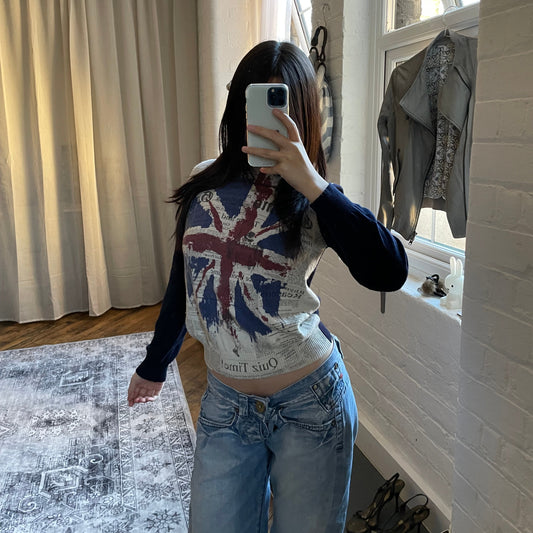 vintage john galliano navy long sleeve union jack newspaper print wool cashmere blend knit sweater