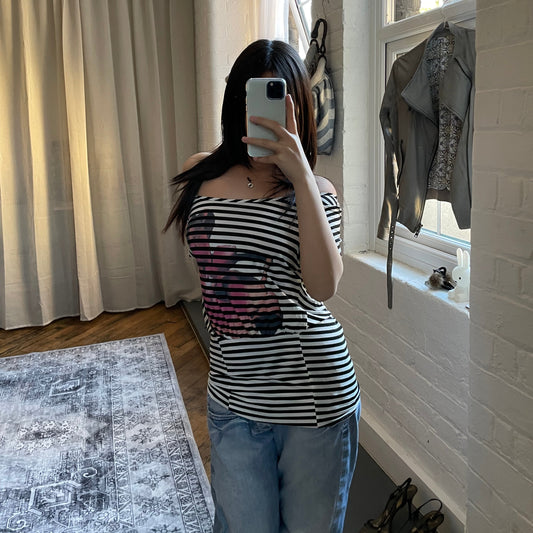 eurosummer boho annarita n black white striped gradient floral graphic top