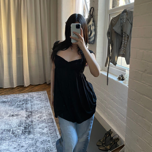 miss sixty black balletcore ruched puff sleeve milkmaid babydoll blouson top