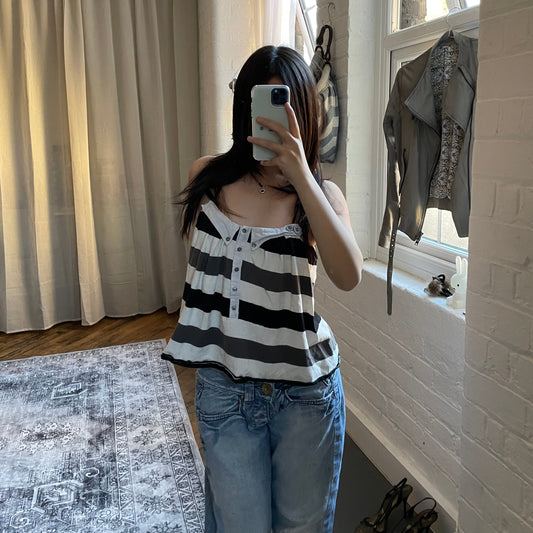 one step utility sailor black white collared striped camisole with button accents