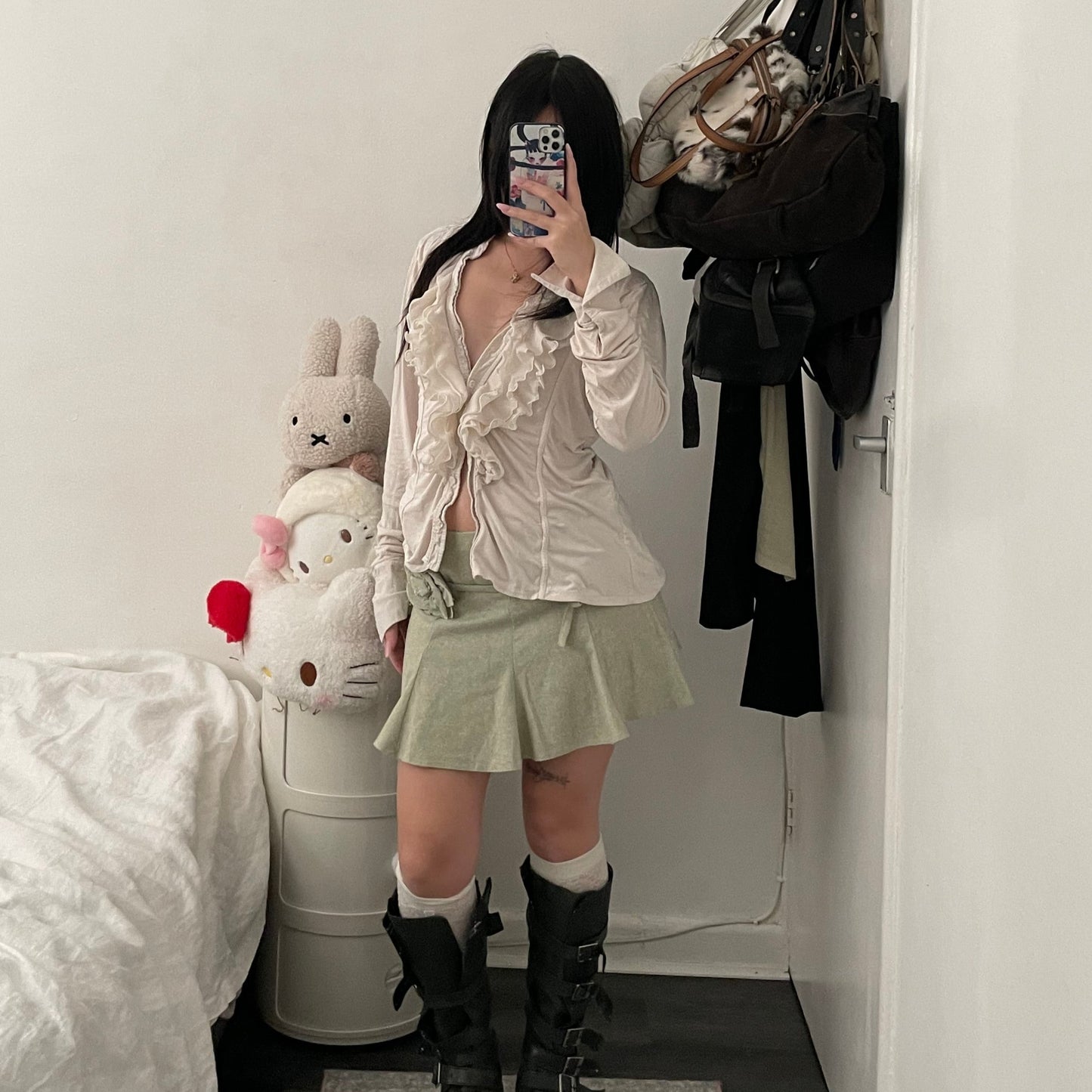 vintage soft sage green drop waist pleated mini skirt with rosette belt ribbon