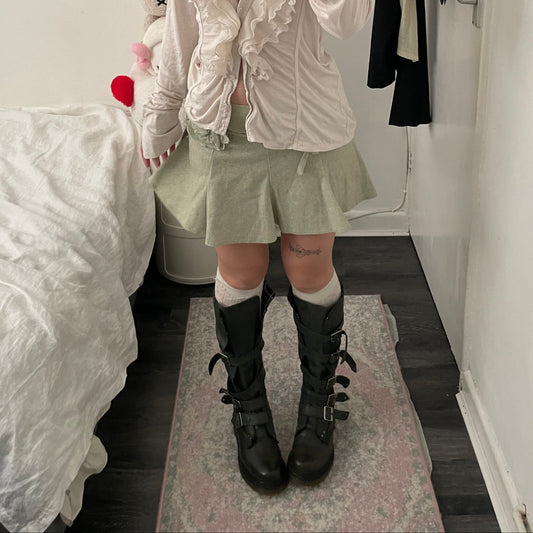 vintage soft sage green drop waist pleated mini skirt with rosette belt ribbon