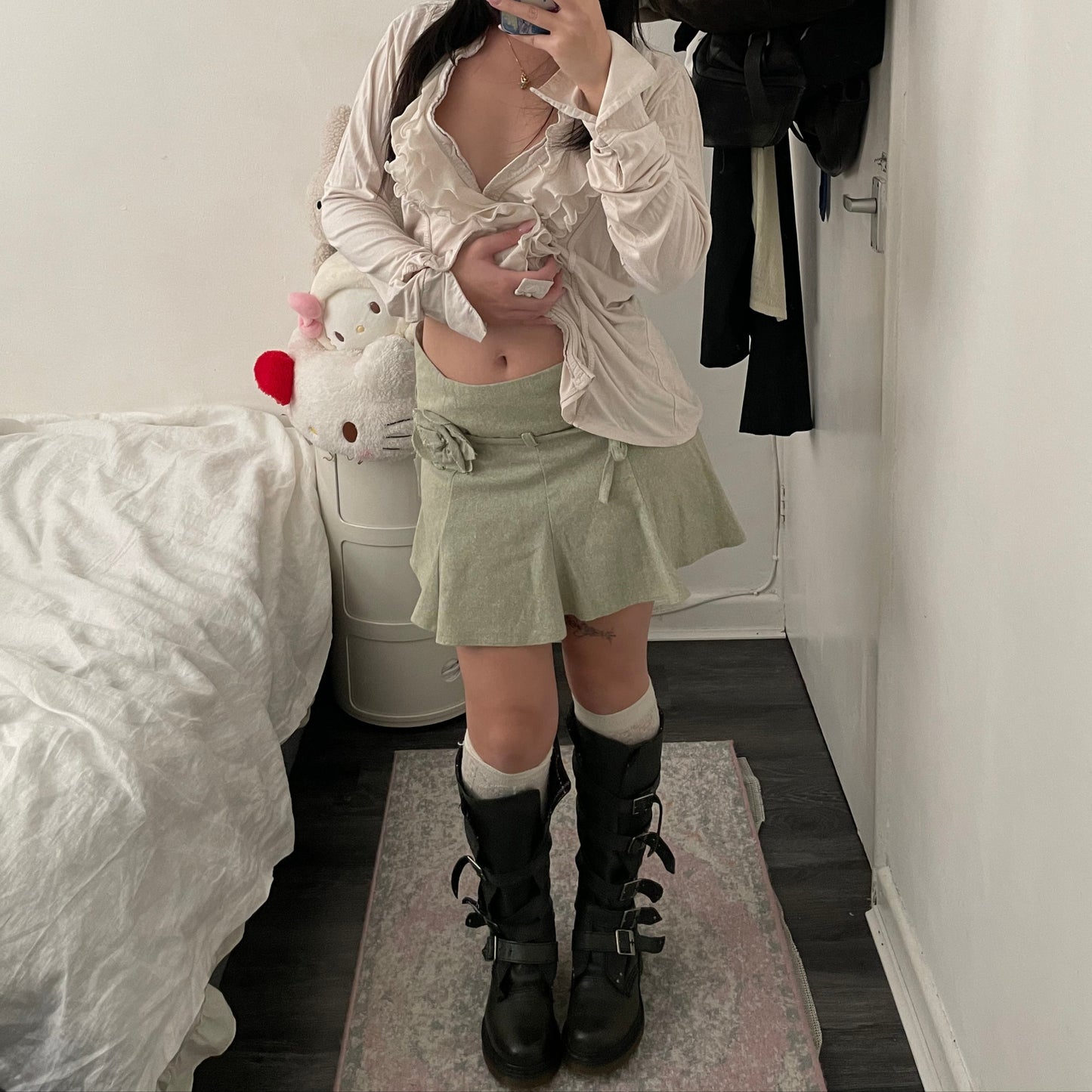 vintage soft sage green drop waist pleated mini skirt with rosette belt ribbon