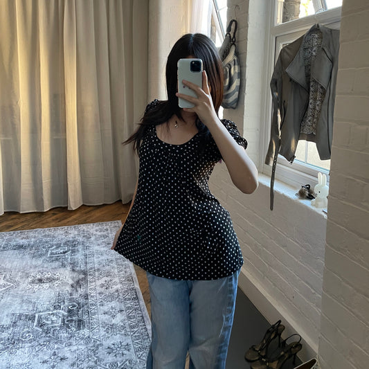 preppy toumai lightweight black polka dot button accent puff sleeve flared tunic blouse