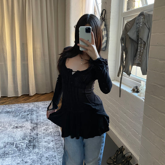 et compagnie black lightweight long sleeve pleated button accent mini dress