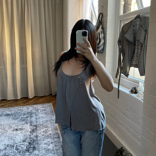 les petits bombes silk cotton blend blue grey asymmetric wrap button tunic vest top