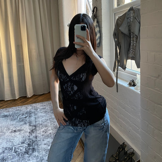 morgan de toi grunge sleaze romantic black lacey wrap style fitted short sleeve top