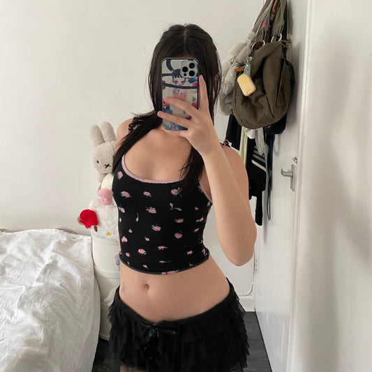 玛瑙黑花卉印花粉色花边吊带衫